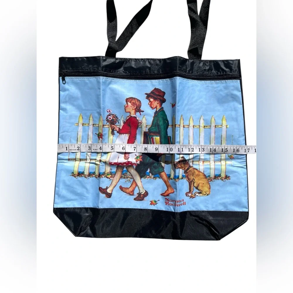 Norman Rockwell Print Tote Bag Black Nylon Large Bag Carry All - Picture 3 of 5